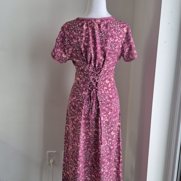 Lucky Brand Lace Trimmed Button Front Floral Midi Dress In Berry Size Small - Picture 5 of 11